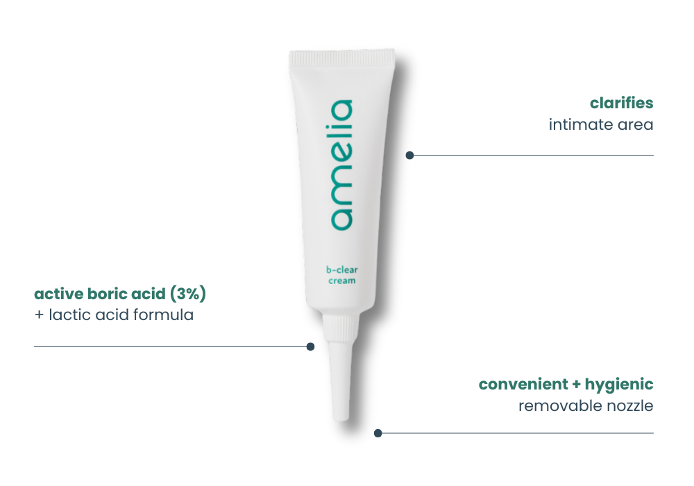 Tube of Amelia b-clear cream with product features listed on a white background