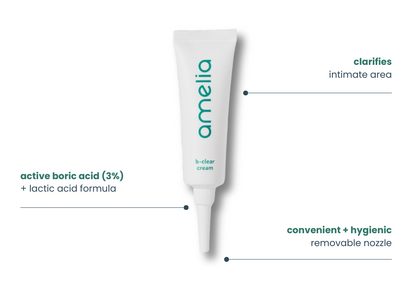 Tube of Amelia b-clear cream with product features listed on a white background