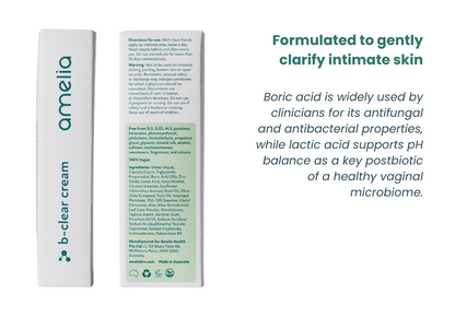 Amelia b-clear cream packaging with product details on a white background