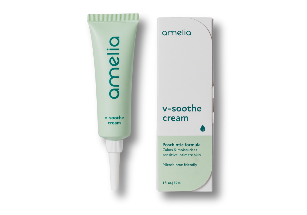 Amelia v-soothe cream tube and packaging on a white background