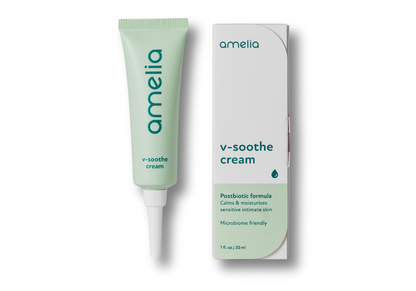 Amelia v-soothe cream tube and packaging on a white background