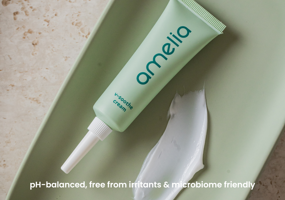 Tube of Amelia v-soothe cream on a light green background