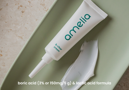 Tube of 'amelia' b-clear cream on a light green background