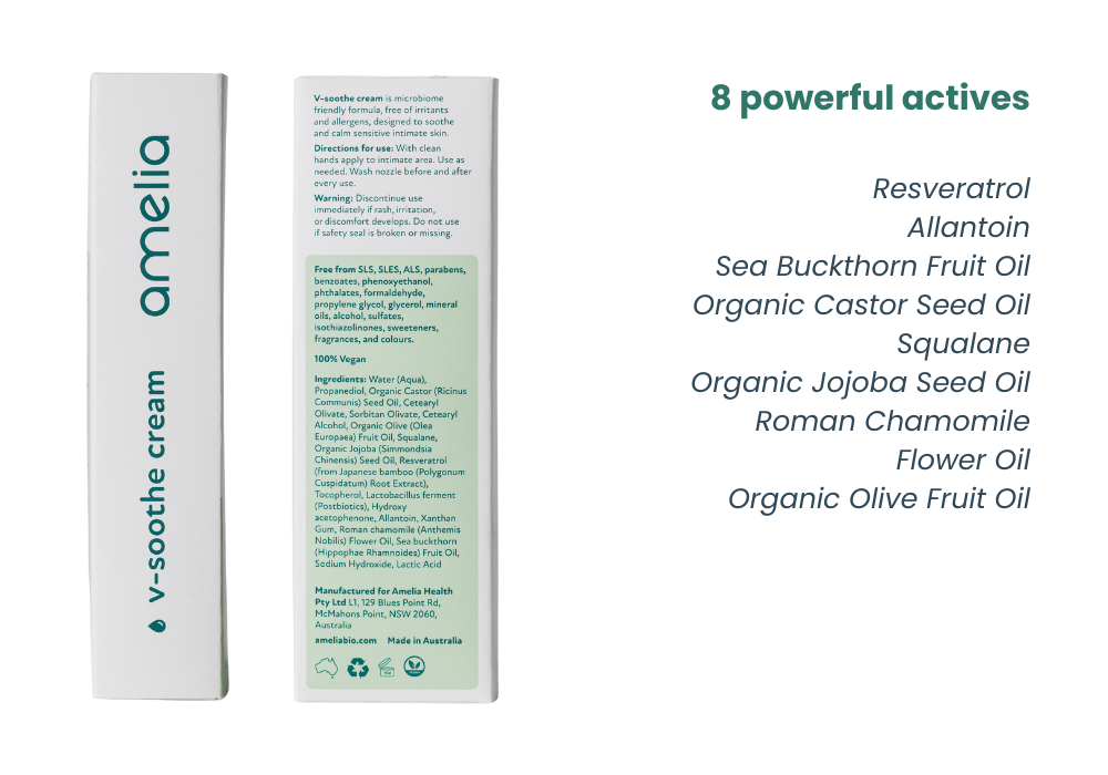 Amelia v-soothe cream packaging with ingredient list on a white background